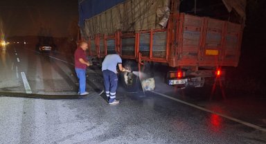 Seyir halindeki kamyonun lastikleri alev aldı