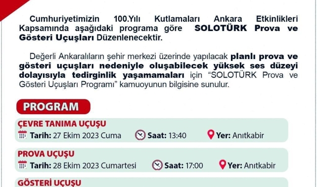 Ankara Valiliğinden SOLOTÜRK uçuşlarıyla ilgili vatandaşlar gürültü uyarısı
