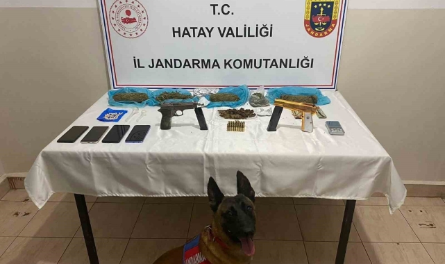 Hatay'da bir araçta yapılan aramada;2 tabanca ve 1 kilo 250 gram esrar ele geçirildi