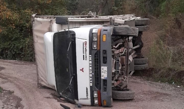 Kereste yüklü kamyon devrildi