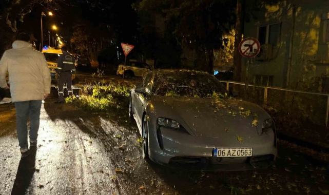 Ankara'da şiddetli rüzgarda kırılan ağaç dalı lüks otomobilin üzerine düştü