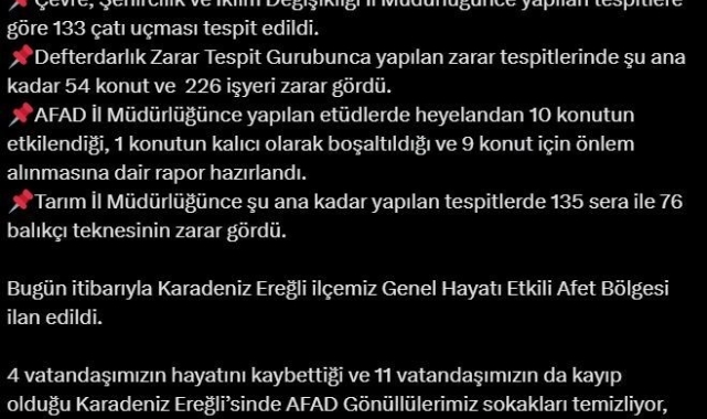 Bakan Yerlikaya: "Bugün itibarıyla Karadeniz Ereğli ilçemiz 'Genel Hayata Etkili Afet Bölgesi' ilan edildi"