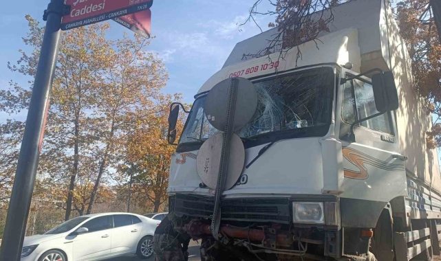 Freni patlayan kamyonet direğe çarparak durabildi