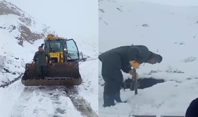 Karlı yolları aşan belediye ekibi su depolarını kontrol etti