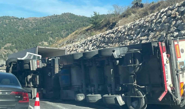 Paket tavuk yüklü tır devrildi, sürücüsü yaralandı