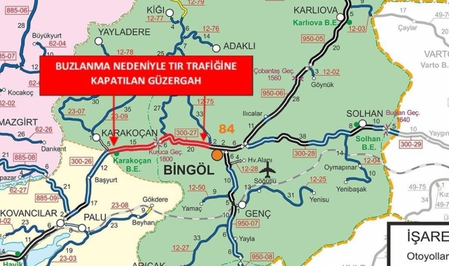 Bingöl - Elazığ karayolu buzlanma nedeniyle tır trafiğine kapatıldı