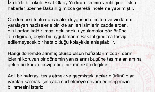 MEB'den bir okula ismi verilen Esat Oktay Yıldıran açıklaması: İnceleme başlatıldı