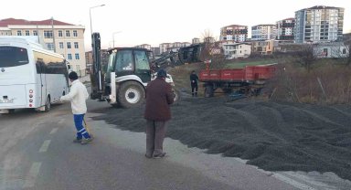 Römork devrildi: Yol, ayçiçeği harmanına dönüştü