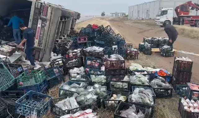 Sebze ve meyve yüklü tır devrildi