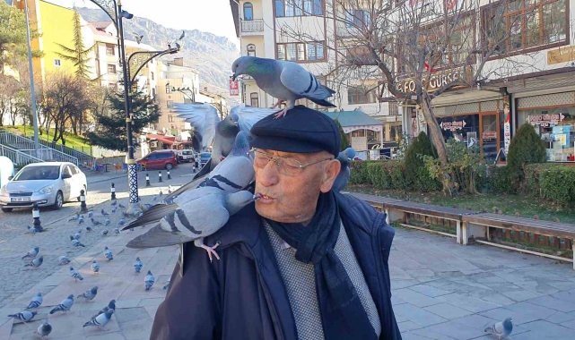 Güvercinleri ağzıyla besliyor