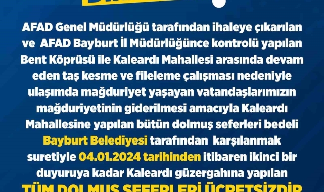 Kaleardı Mahallesi'ne sefer yapan dolmuşlar ile ilgili duyuru