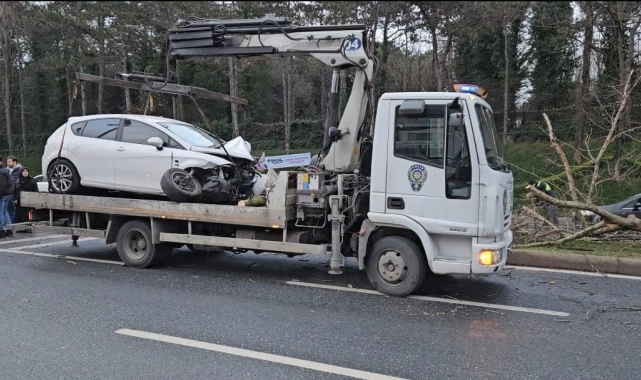 Sarıyer'de kontrolden çıkan otomobil ağacı yerinden söktü