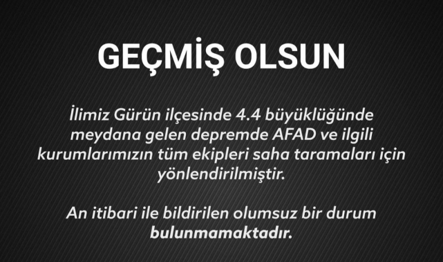 Sivas Valiliği'nden deprem açıklaması: "An itibari ile bildirilen olumsuz bir durum bulunmamaktadır"
