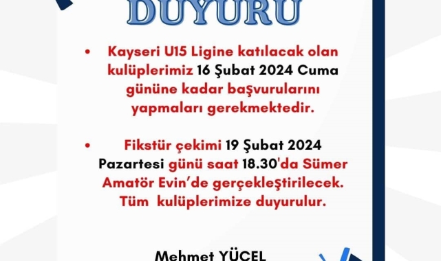 Kayseri U-15 Ligi fikstürü 19 Şubat'ta çekilecek