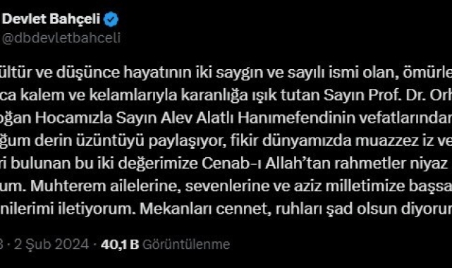 MHP lideri Bahçeli'den Alatlı ve Türkdoğan için başsağlığı mesajı