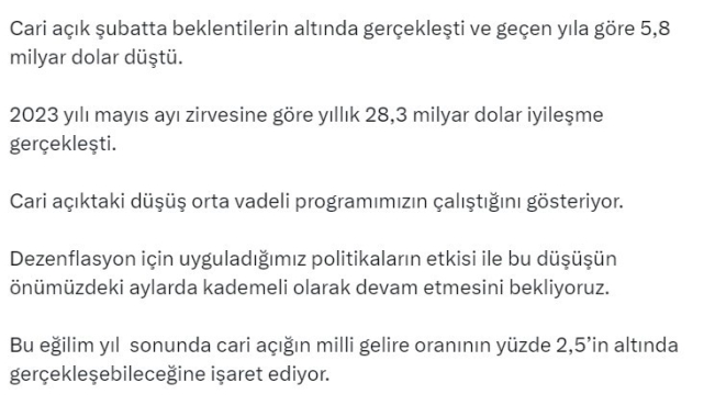 Bakan Şimşek: "Cari açıktaki düşüş orta vadeli programımızın çalıştığını gösteriyor"