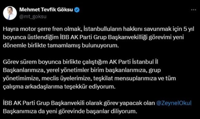 Esenler Belediye Başkanı Tevfik Göksu'nun İBB Meclisi'ndeki AK Parti Grup Başkanvekilliği görevi sona erdi