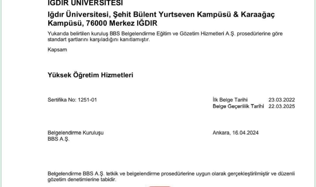 Iğdır Üniversitesinin Kalite Yönetim Sistemi bir kez daha tescillendi