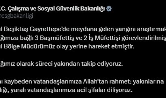 İstanbul'daki yangın faciasıyla ilgili 3 başmüfettiş ve 2 iş müfettişi görevlendirildi