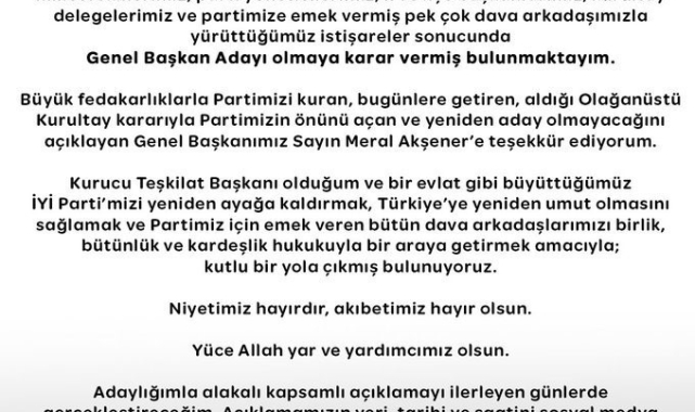 Koray Aydın, İYİ Parti Genel Başkanlığına aday olduğunu açıkladı
