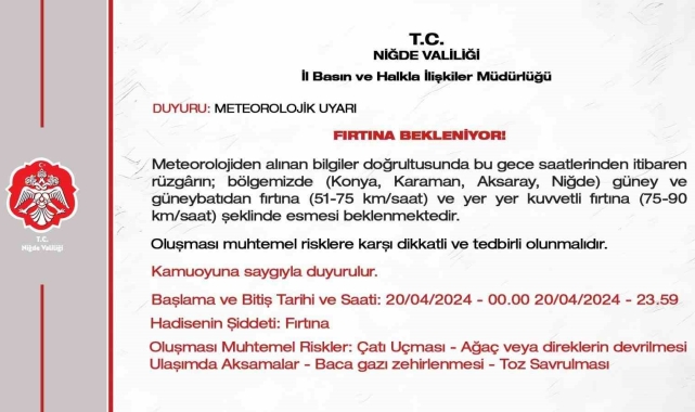 Niğde Valiliği'nden fırtına uyarısı