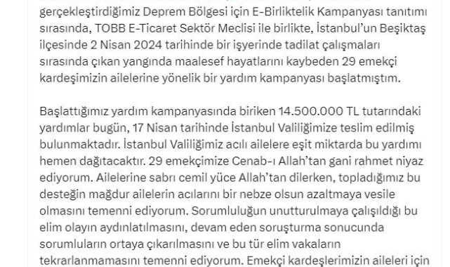 Ticaret Bakanı Bolat açıkladı: "Beşiktaş'taki yangın faciasında hayatını kaybeden 29 işçi için 14 milyon 500 bin TL toplandı"