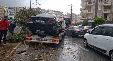 Alanya'da refüje çıkan otomobil ağaçları devirdi