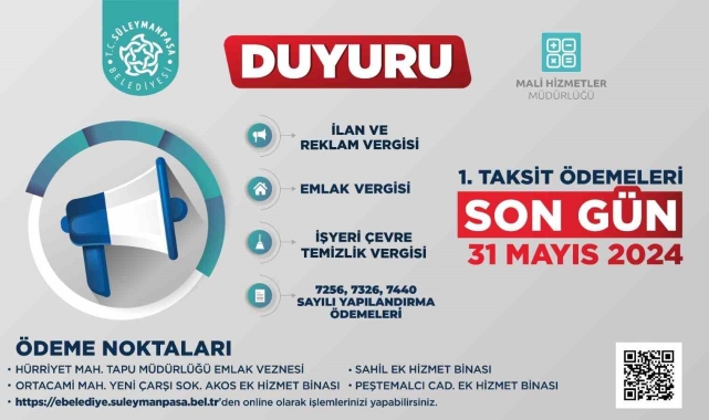 Emlak İlan ve Çevre Temizlik Vergisi 1. taksit ödemesinde son gün 31 Mayıs