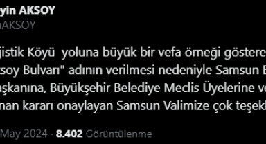 İsmi Samsun'da bulvara verilen Vali Aksoy'dan teşekkür mesajı