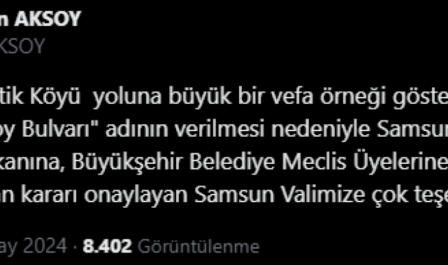 İsmi Samsun'da bulvara verilen Vali Aksoy'dan teşekkür mesajı