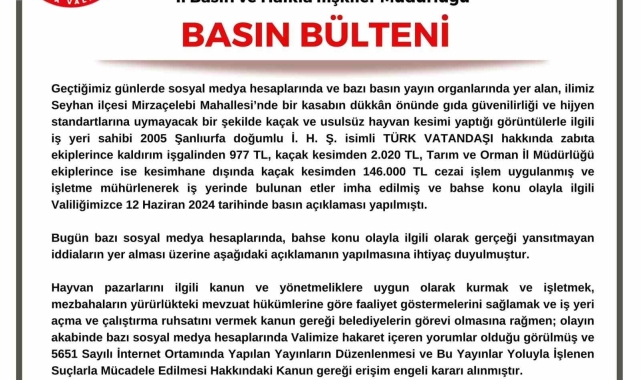 Adana Valiliği: "Kasapla ilgili gerekli cezalar uygulandı"