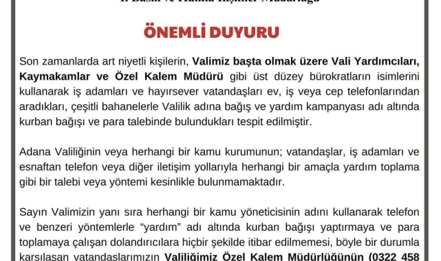 Adana Valiliği, vatandaşları bayram öncesinde dolandırıcılığa karşı uyardı