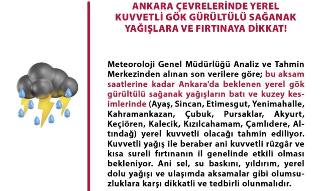 Ankara Valiliğinden 'yerel kuvvetli gök gürültülü sağanak uyarısı'