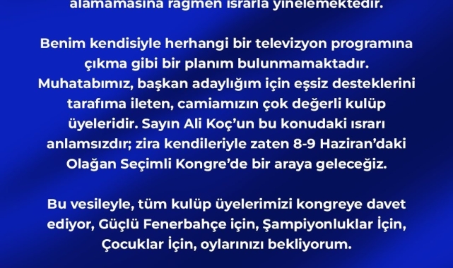 Aziz Yıldırım, Ali Koç'un televizyon programına çıkma teklifini reddetti