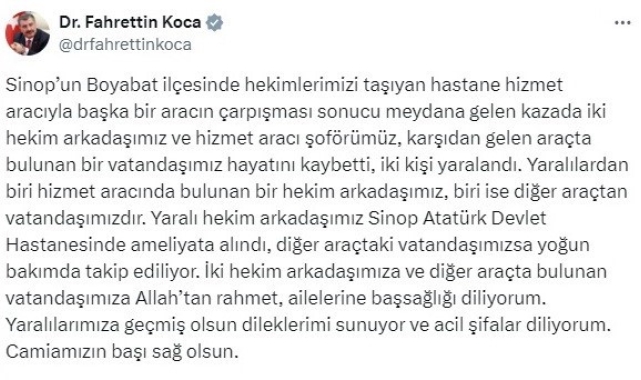 Bakan Koca'dan Sinop'taki kaza açıklaması