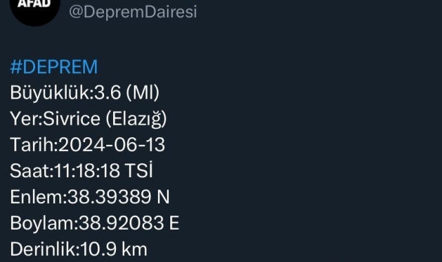 Elazığ'da 3.6 büyüklüğünde deprem