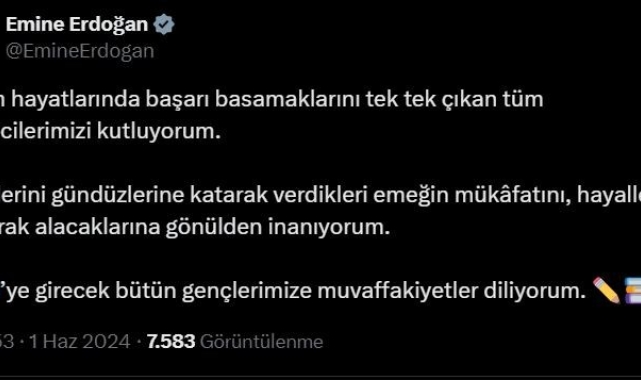 Emine Erdoğan, LGS&#039;ye girecek öğrencilere başarı diledi