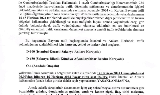 Kamyon, çekici ve tanker cinsi araçlara 1 günlük yasak