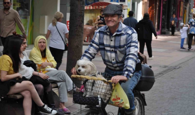 Köpeğini bisikletinin sepetine koyup güzel havanın tadını çıkardı