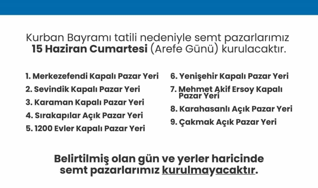 Merkezefendi'de arife günü 9 noktada semt pazarları kurulacak