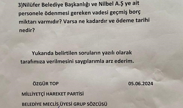 MHP'den Nilüfer Belediyesi'ne 3 soruluk önerge