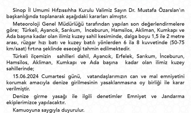 Sinop'ta 1 günlük deniz yasağı