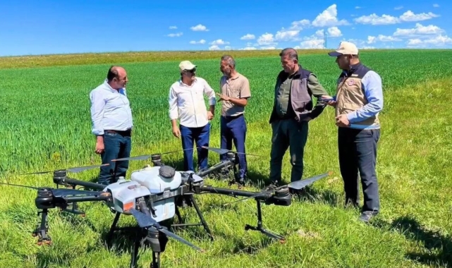 Tarım droneleri ile ilaçlama yapıldı