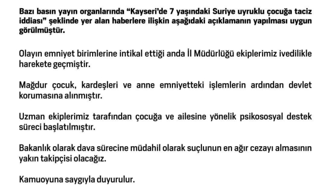 Aile ve Sosyal Hizmetler Bakanlığı'ndan Kayseri'deki taciz iddialarına ilişkin açıklama