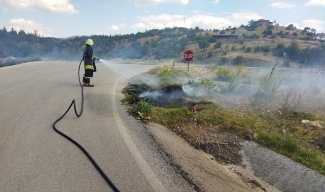 Çorum'da D100 kara yolu kenarında çıkan ot yangını söndürüldü