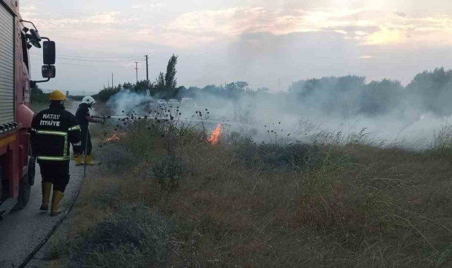 Erzin'de doğal gaz borusu üzerindeki otluk alanda yangın çıktı