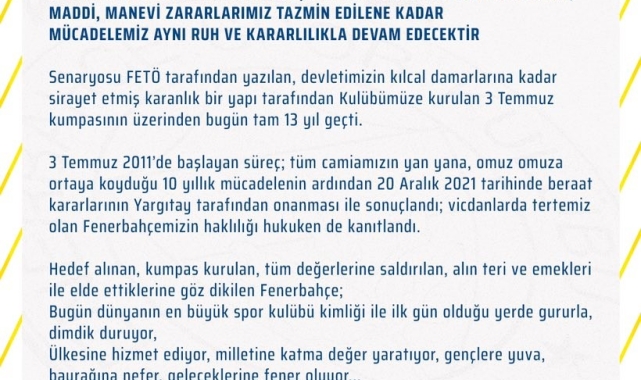Fenerbahçe'den 3 Temmuz açıklaması