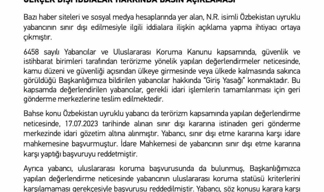 Göç İdaresi Başkanlığı: "Özbekistan uyruklu N.R. sınır dışı edildi"