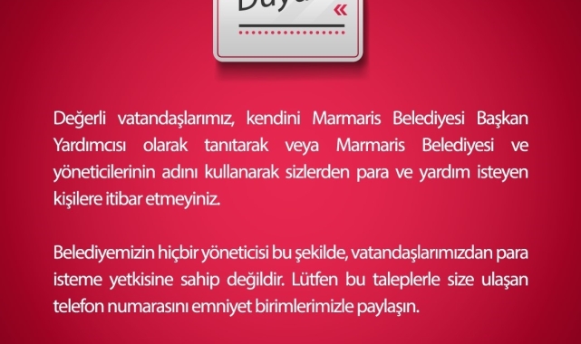 Marmaris Belediyesi vatandaşları dolandırıcılık olaylarına karşı uyardı