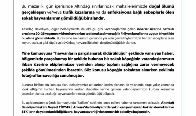 Altındağ Belediyesi: "Söz konusu alan vatandaşlarımızın kurban kesiminin ardından alanda biriktirdikleri hayvan atıklarının da gömüldüğü bölgedir"